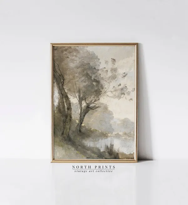 Muted River Landscape Painting Art Print, Neutral Green