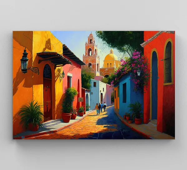 Mexican Village Art Print, Colorful Wall Decor