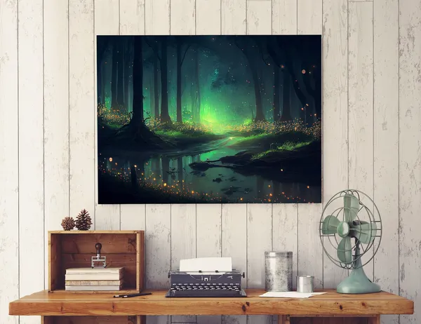 Fireflies In Forest Swamp Night, Nature Art Print