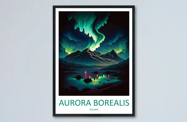 Northern Lights Travel Poster, Aurora Borealis Iceland