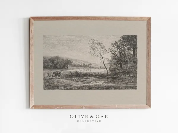 Neutral Landscape Sketch Vintage Farmhouse Decor Art Print