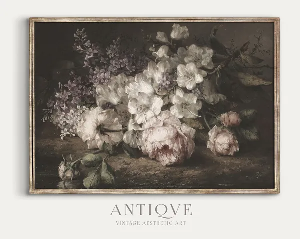 Vintage Still Life of Pink White Roses, Art Print