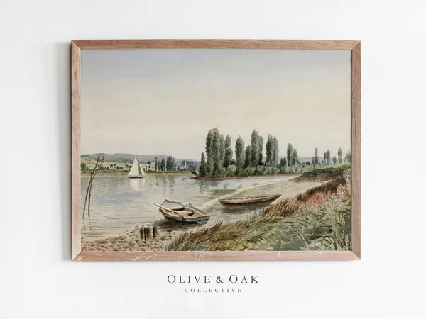 Muted Sailboat Vintage Coastal Painting, Art Print