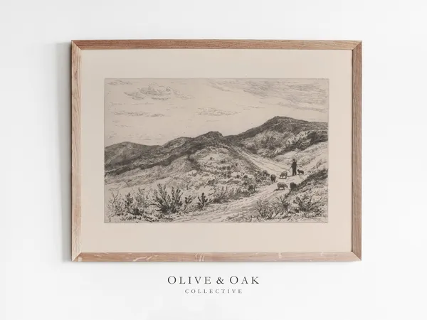 Landscape Sketch Vintage Etching, Farmhouse Decor