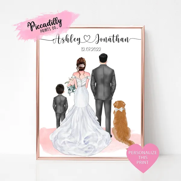 Personalised Wedding Portrait With Pets Art Print