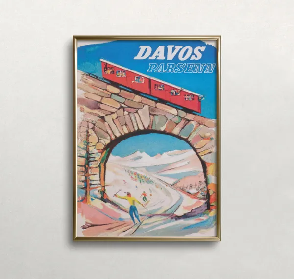 Davos Switzerland Vintage Ski Travel Poster