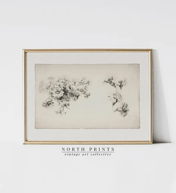 Vintage Flower Sketch Neutral Floral Drawing Print