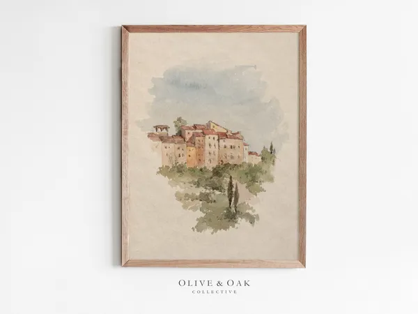 Vintage Cityscape Watercolor Art Print, Antique Architecture