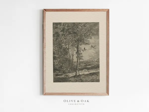 Vintage Tree Sketch Forest Landscape Art Print