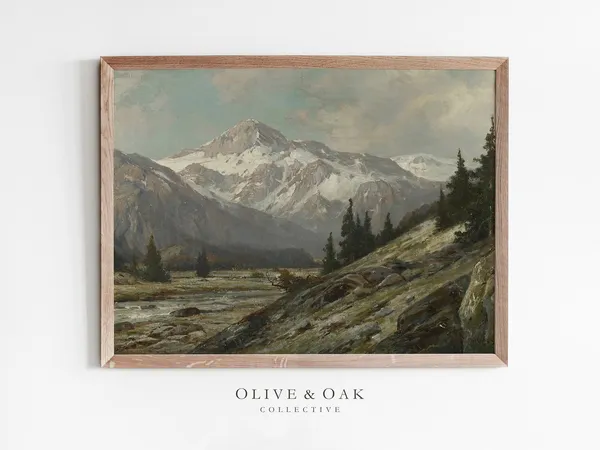 Antique Mountain Painting, Vintage Print