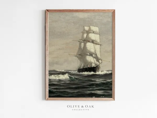 Moody Seascape Vintage Ship Art Print, Coastal Nautical