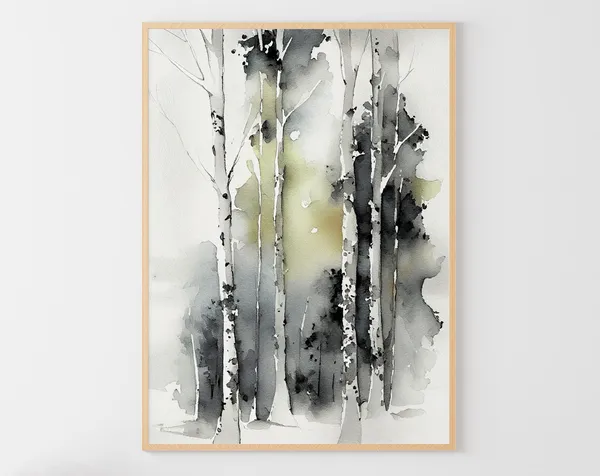 Birch Trees Watercolor Forest Art Print, Neutral