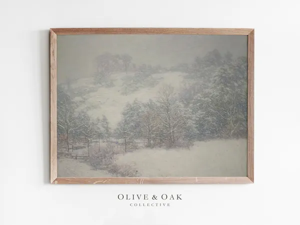 Rustic Winter Landscape Painting, Snowy Tree Art Print
