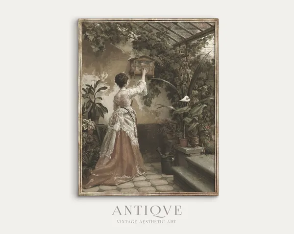 Vintage Greenhouse Oil Painting, Spring Bedroom Art Print