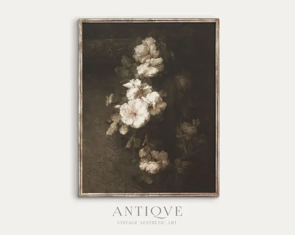 Moody Vintage White Cotton Flowers Watercolor Art Print