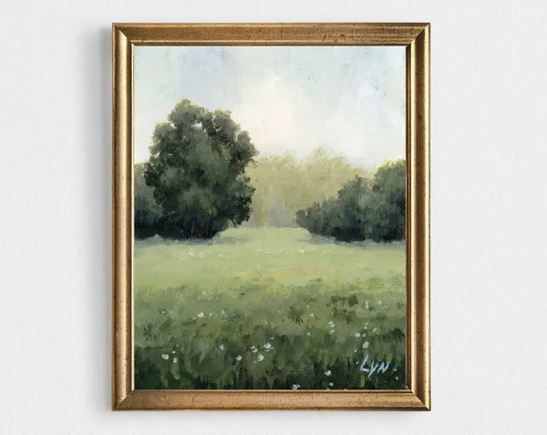 Small Oil Painting Landscape, Neutral Green Art Print