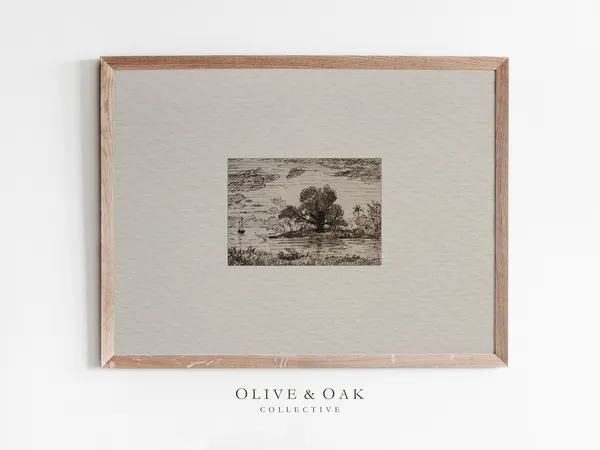 Vintage Landscape Sketch Art Print, Rustic Decor