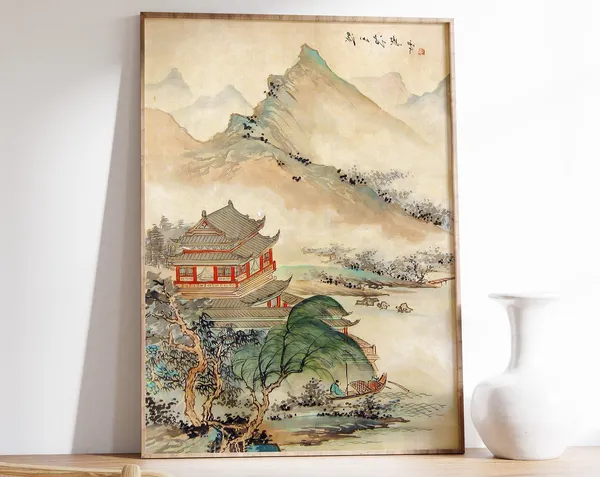 Chinese Vintage Art Print, Retro Oriental Landscape