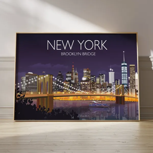 New York Brooklyn Bridge Travel Poster, Travel Print