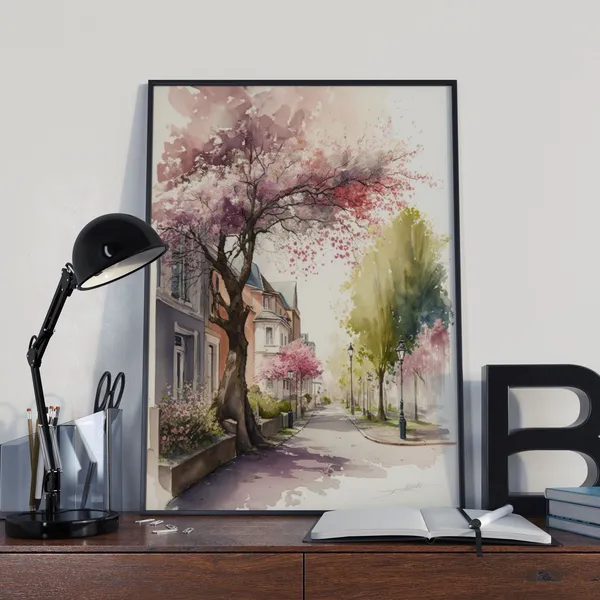 Watercolor Flower Street Romantic Landscape Art Print
