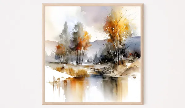 Autumn Lake Watercolor Mountain Landscape Art Print