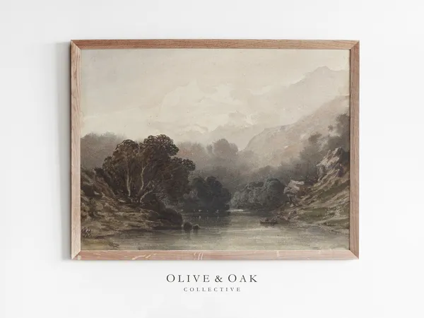 Neutral Landscape Lake Painting Art Print