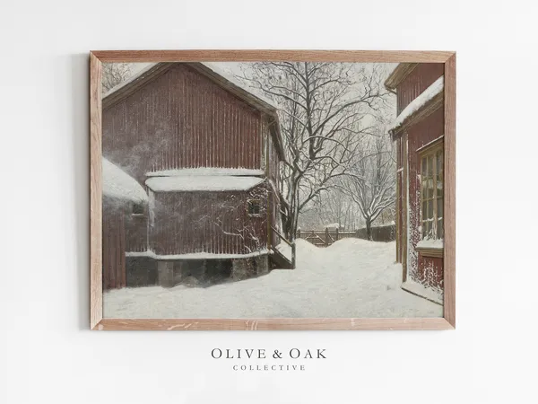 Winter Barn Painting, Snowy Landscape Art Print