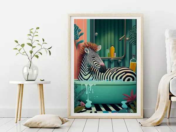 Cute Zebra In A Tub Maximalist Bathroom Art Print