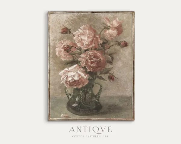 Antique Pink Roses Still Life, Vintage Art Print