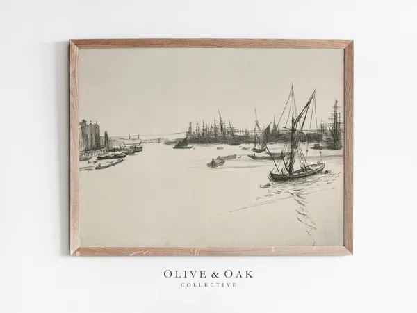 Vintage Sailboat Print, Nautical Harbor Sketch