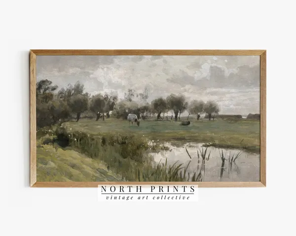Country Summer Landscape Painting, Vintage Green Art Print