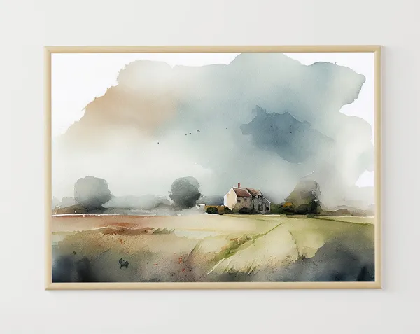 Countryside Farmhouse Watercolor Country Landscape Art Print