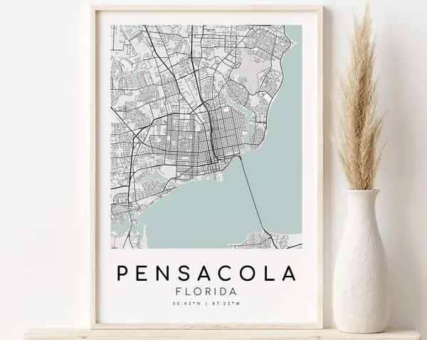 Pensacola Florida City Map, Minimalist Travel Poster