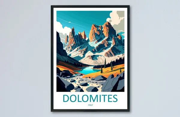Dolomites Travel Poster, Italian Mountains