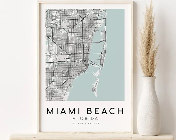 Miami Beach Florida City Map Travel Poster