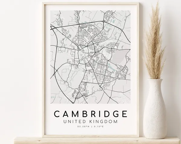 Cambridge City Map, UK Travel Poster Art Print