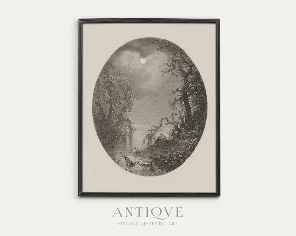Vintage Black And White Oval Trees On Water Art Print
