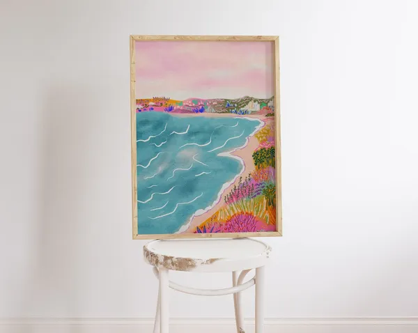Seascape Watercolor Painting, Colorful Beach Art Print