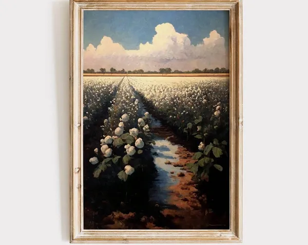 Cotton Field Painting, Vintage Farmhouse Art Print