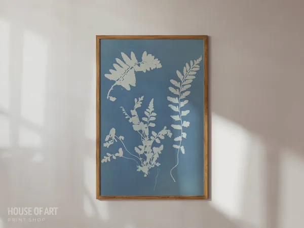Vintage Botanical Fern Art Print, Cyanotype Leaves