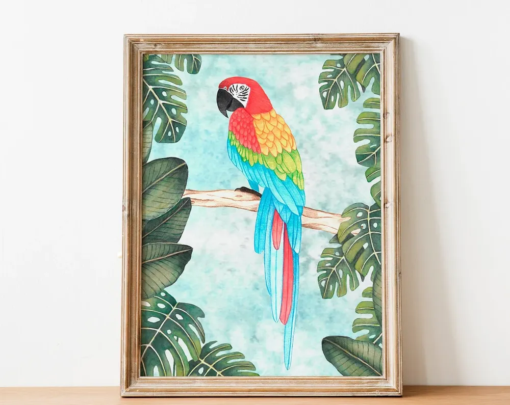 Red Parrot Art Print, Tropical Jungle Illustration