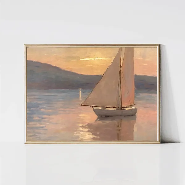Sailboat At Sunset Vintage Coastal Landscape Art Print