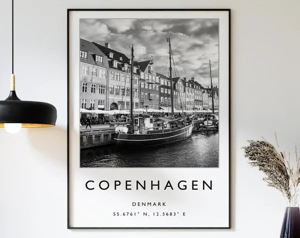 Copenhagen Travel Poster, Denmark Black and White