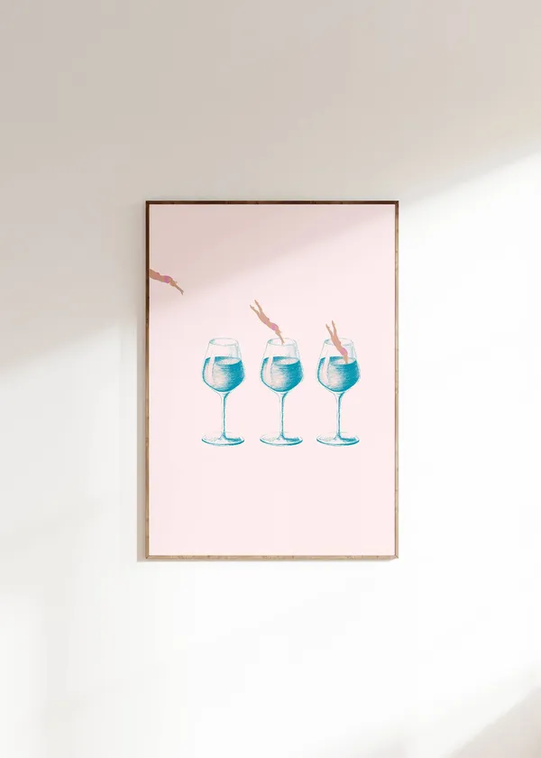 Wine Diving Blue And Pink Poster