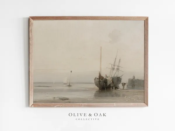 Vintage Neutral Seascape Painting, Nautical Coastal Art Print