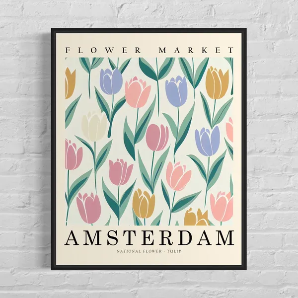 Amsterdam Flower Market Travel Poster, Netherlands