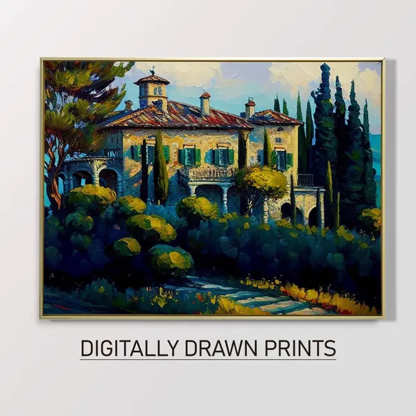 Vintage French Country European Villa Landscape Art Print