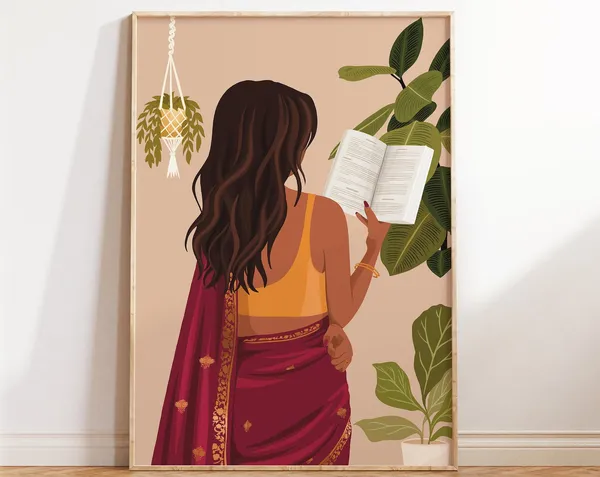 Indian Woman Reading Book Art, Desi Wall Art Print