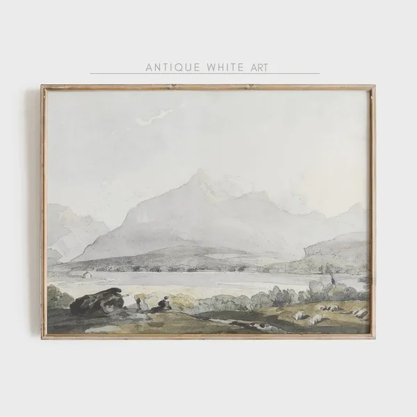 Vintage Mountain Art Print, Neutral Minimalist Landscape