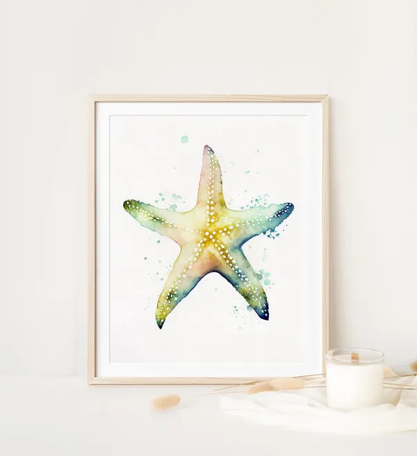 Starfish Watercolor Print, Minimalist Coastal Art